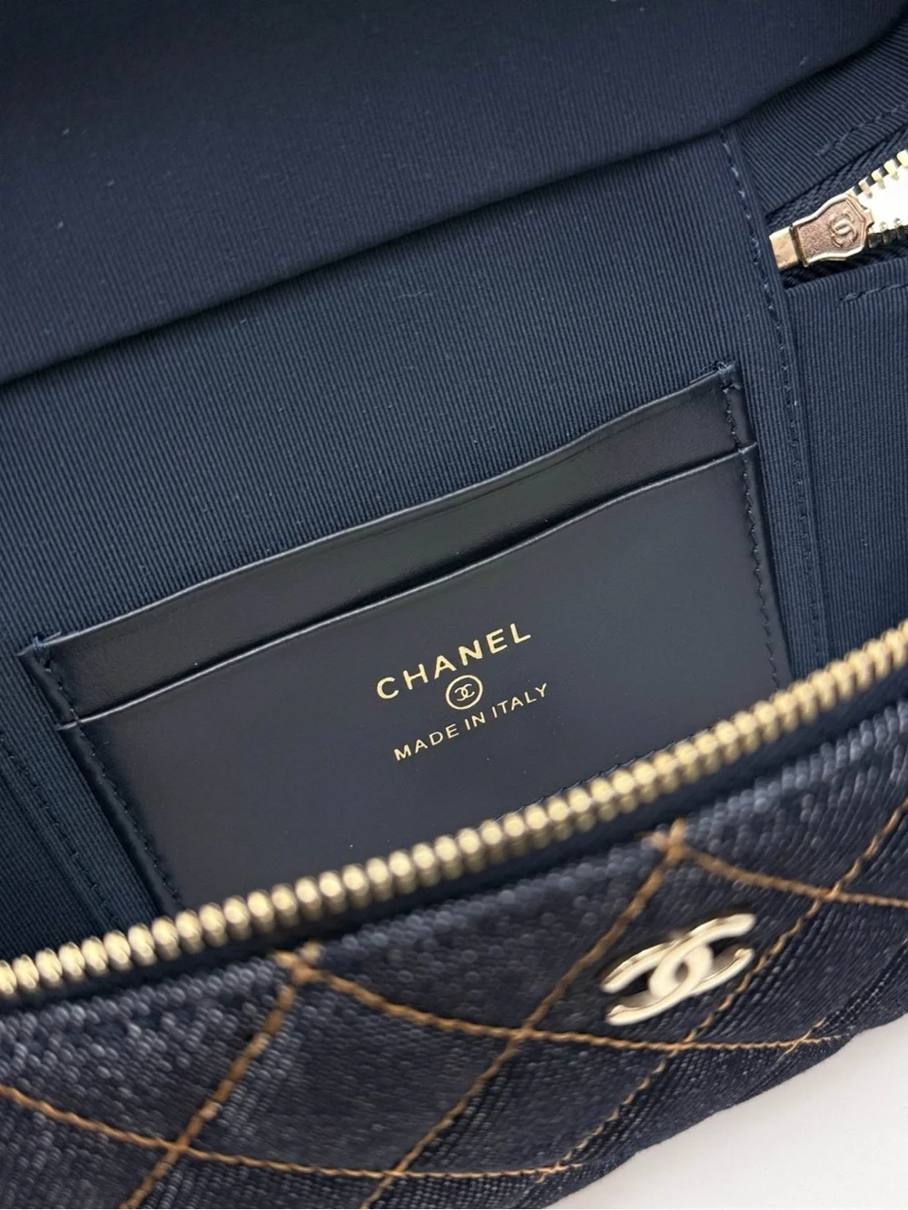 CHANEL Navy Quilted Denim Vanity Crossbody with Gold Hardware